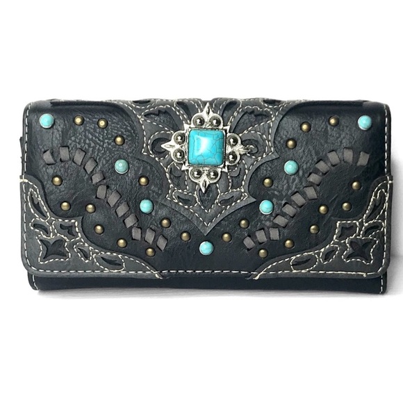New Hand Tooled Faux Vegan Peta Approved Leather Turquoise Stone Clutch Bag - Picture 2 of 6